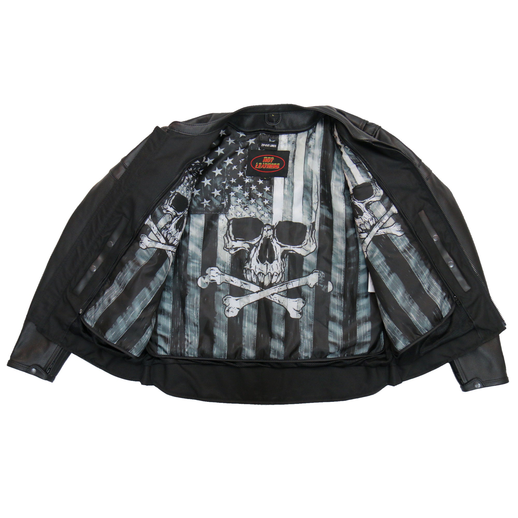 Hot Leathers JKM1032 Mens Motorcycle Black Skull Flag' Printed Leather Biker Jacket with Concealed Carry Pockets