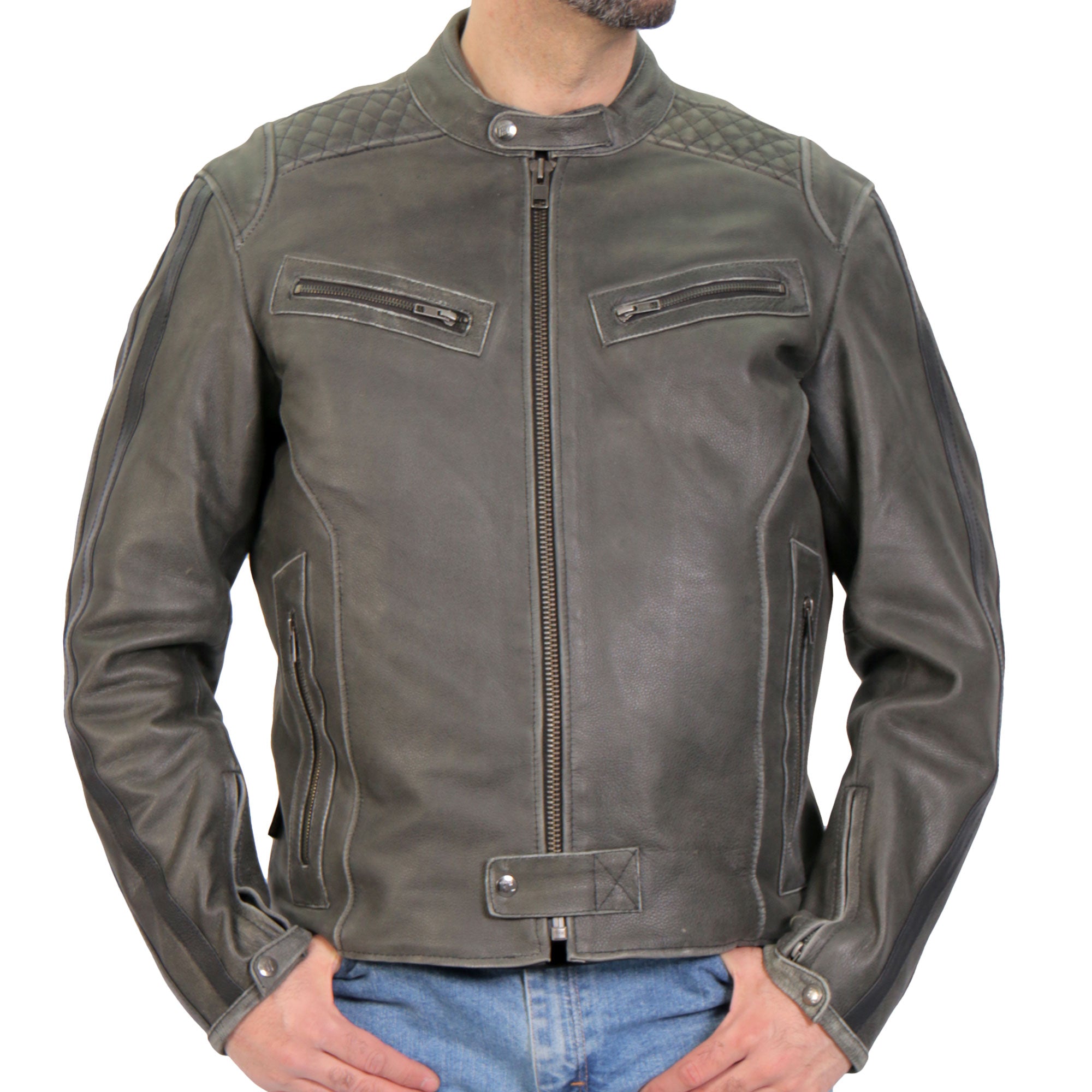 Hot Leathers JKM1033 Mens Distress Grey Caf Racer' Biker Leather Motorcycle Jacket with Concealed Carry Pockets