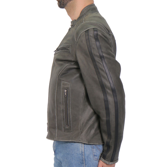 Hot Leathers JKM1033 Men’s Distress Grey ‘Café Racer' Biker Leather Motorcycle Jacket with Concealed Carry Pockets