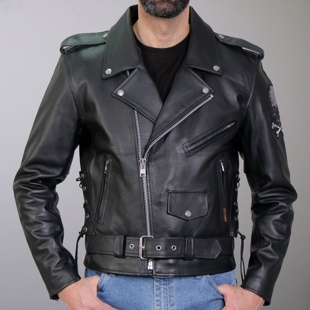 Hot Leathers JKM2001 Mens Black Skull And Crossbones' Motorcycle Leather Biker Jacket
