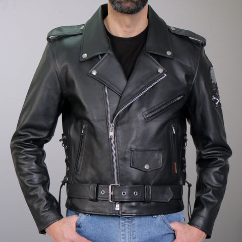 Hot Leathers JKM2001 Men’s Black ‘Skull And Crossbones' Motorcycle Leather Biker Jacket