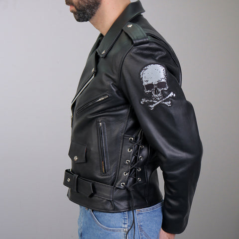 Hot Leathers JKM2001 Men’s Black ‘Skull And Crossbones' Motorcycle Leather Biker Jacket