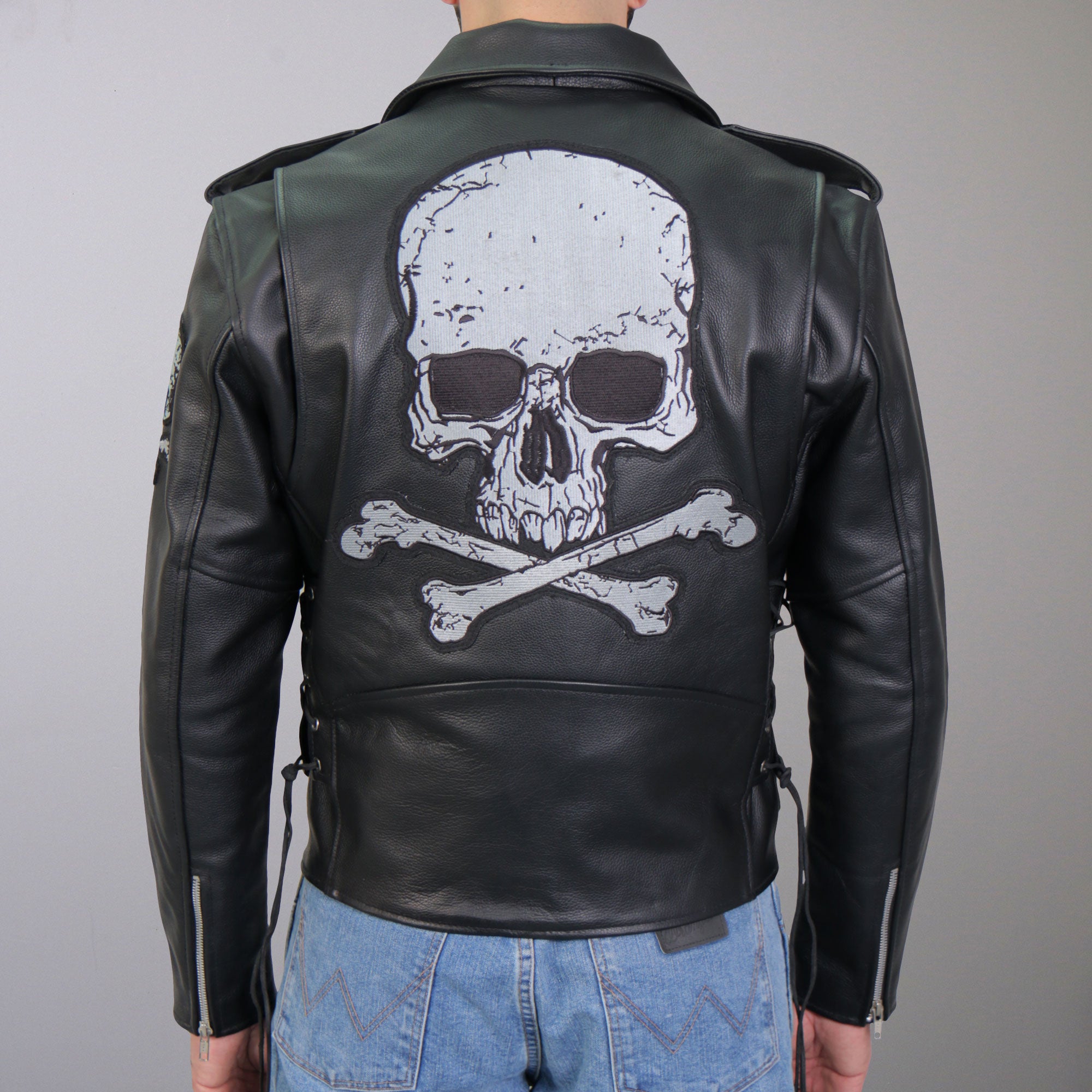 Hot Leathers JKM2001 Mens Black Skull And Crossbones' Motorcycle Leather Biker Jacket