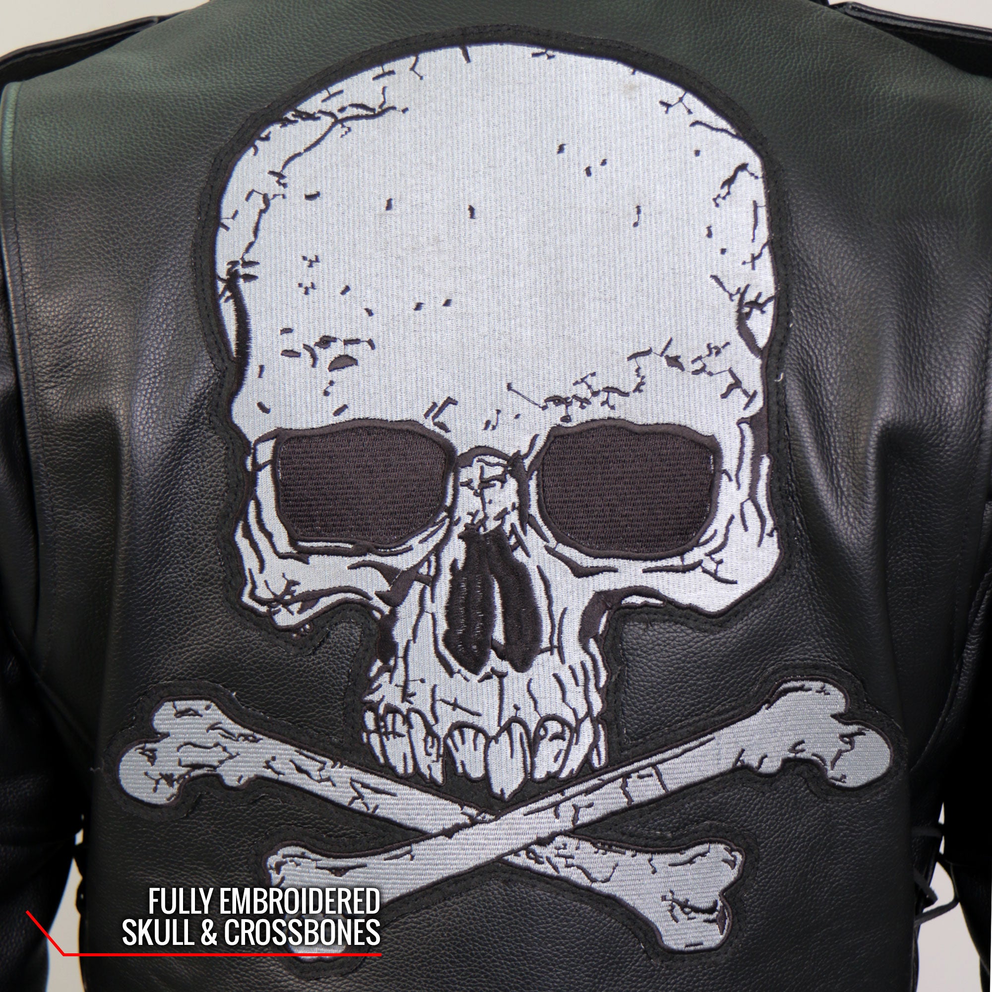 Hot Leathers JKM2001 Men’s Black ‘Skull And Crossbones' Motorcycle Leather Biker Jacket