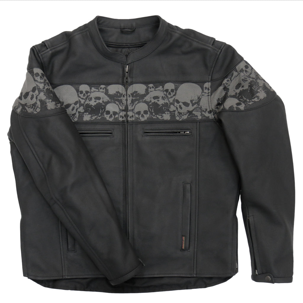 Hot Leathers JKM2002 Mens Black Biker Reflective Skull' Printed Leather Motorcycle Jacket with Concealed Carry Pockets