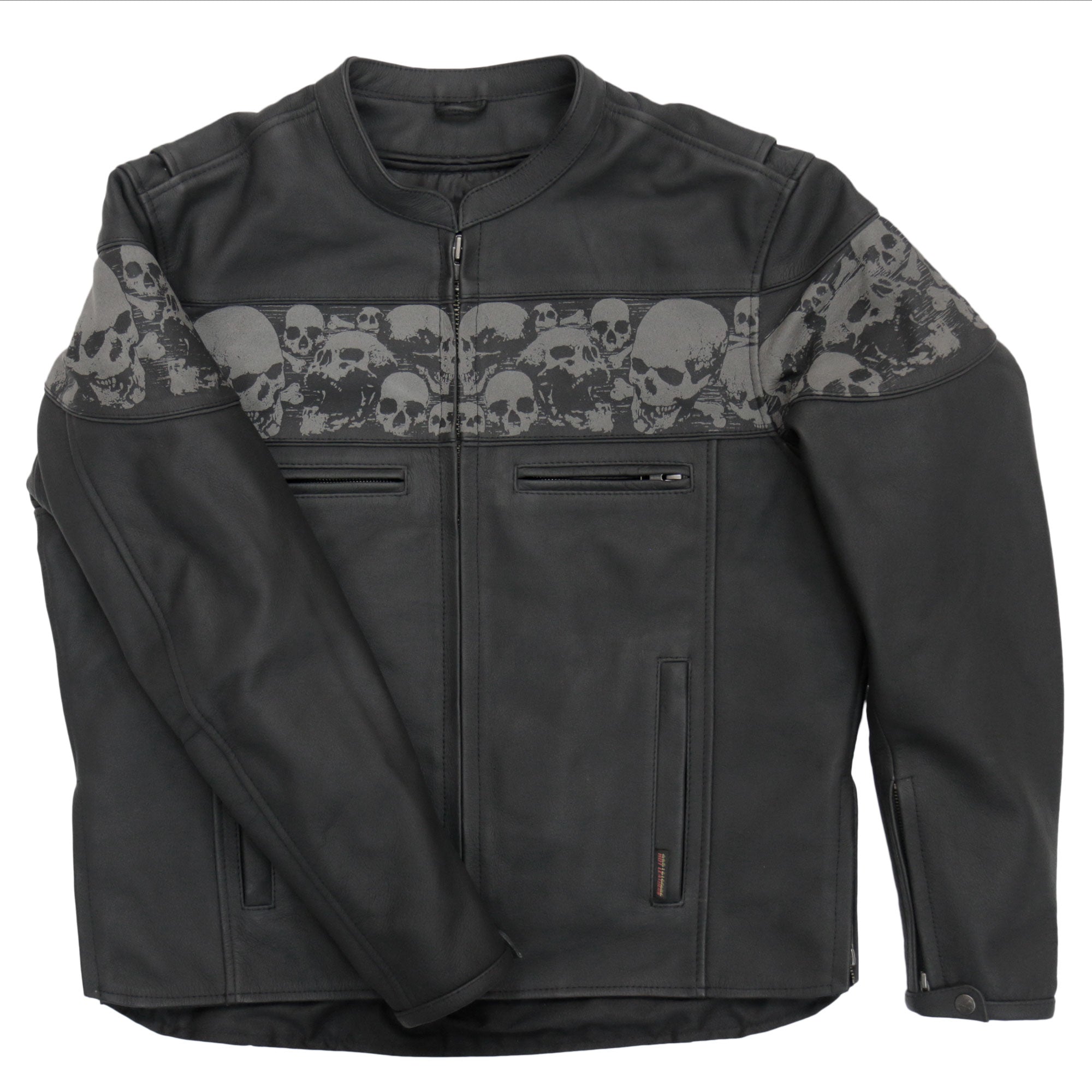 Hot Leathers JKM2002 Mens Black Biker Reflective Skull' Printed Leather Motorcycle Jacket with Concealed Carry Pockets