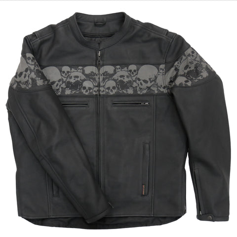 Hot Leathers JKM2002 Men’s Black Biker ‘Reflective Skull' Printed Leather Motorcycle Jacket with Concealed Carry Pockets