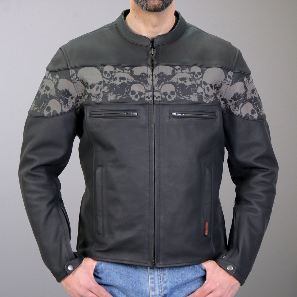 Hot Leathers JKM2002 Mens Black Biker Reflective Skull' Printed Leather Motorcycle Jacket with Concealed Carry Pockets