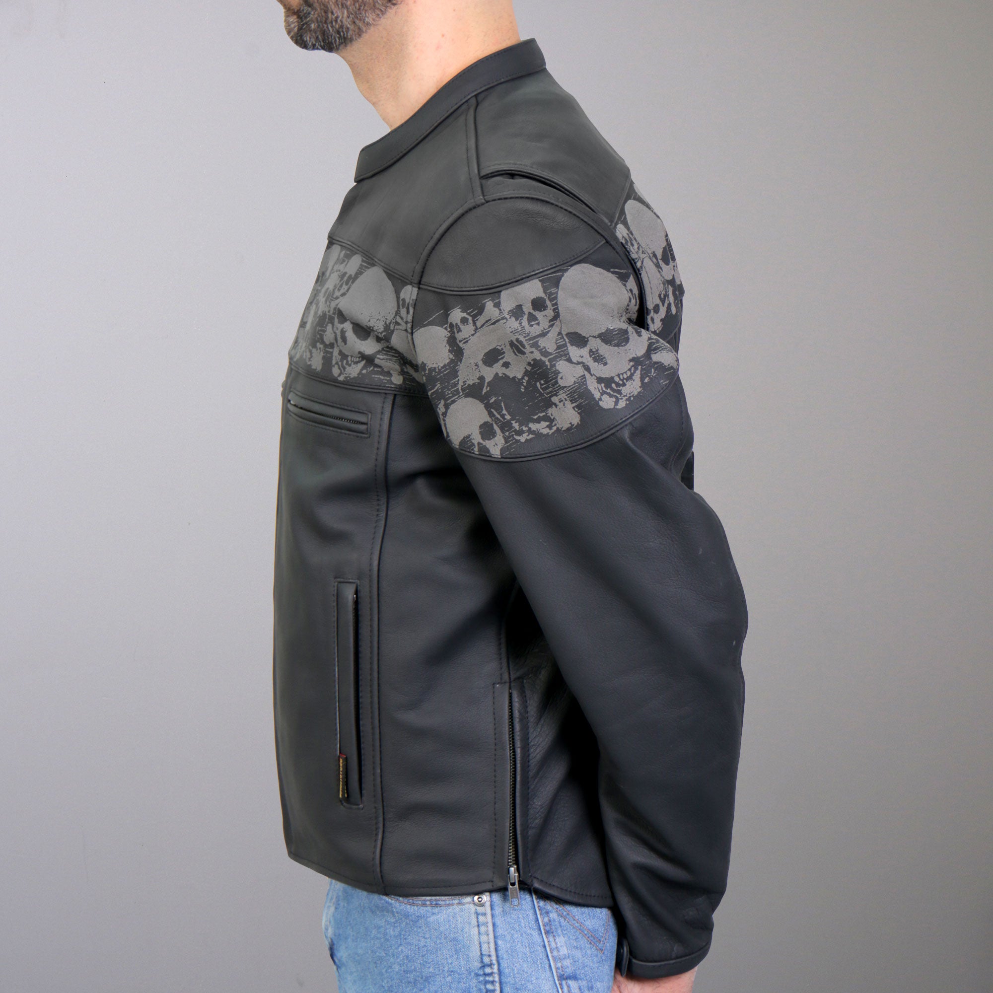 Hot Leathers JKM2002 Mens Black Biker Reflective Skull' Printed Leather Motorcycle Jacket with Concealed Carry Pockets