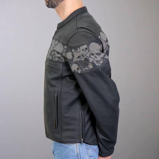 Hot Leathers JKM2002 Men’s Black Biker ‘Reflective Skull' Printed Leather Motorcycle Jacket with Concealed Carry Pockets