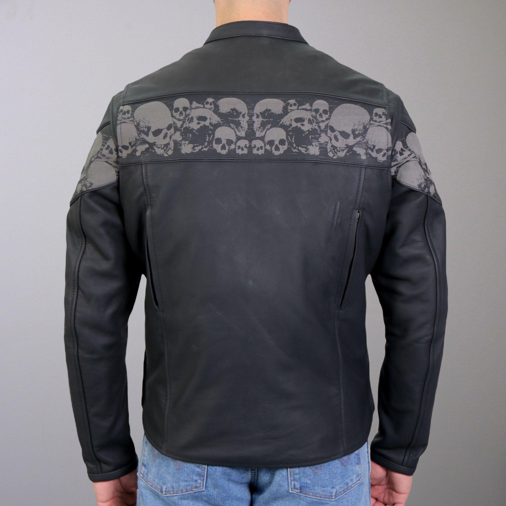 Hot Leathers JKM2002 Mens Black Biker Reflective Skull' Printed Leather Motorcycle Jacket with Concealed Carry Pockets
