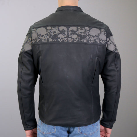 Hot Leathers JKM2002 Men’s Black Biker ‘Reflective Skull' Printed Leather Motorcycle Jacket with Concealed Carry Pockets