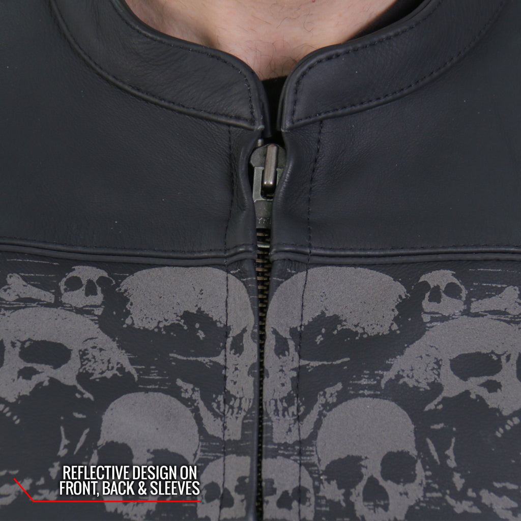 Hot Leathers JKM2002 Mens Black Biker Reflective Skull' Printed Leather Motorcycle Jacket with Concealed Carry Pockets