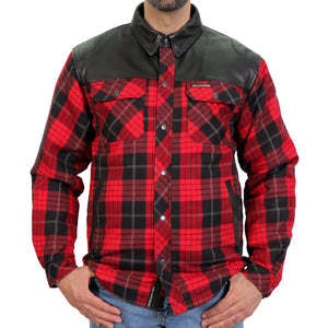 Hot Leathers JKM3201 Men's Motorcycle style Red and Black Kevlar Reinforced Leather and Plaid Flannel Biker Shirt