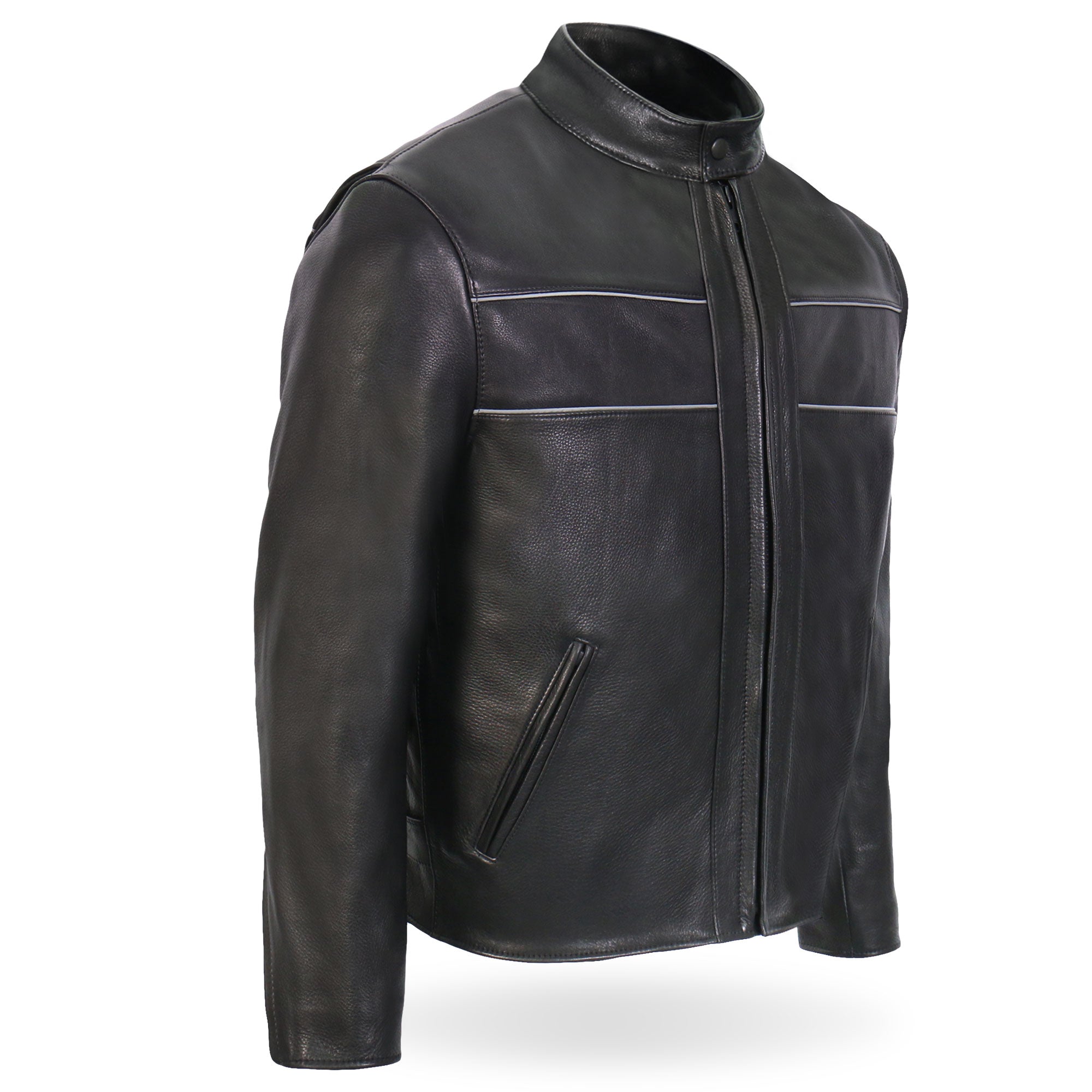 Hot Leathers JKM5003 Mens USA Made Premium Black Leather Motorcycle Biker Jacket with Reflective Piping