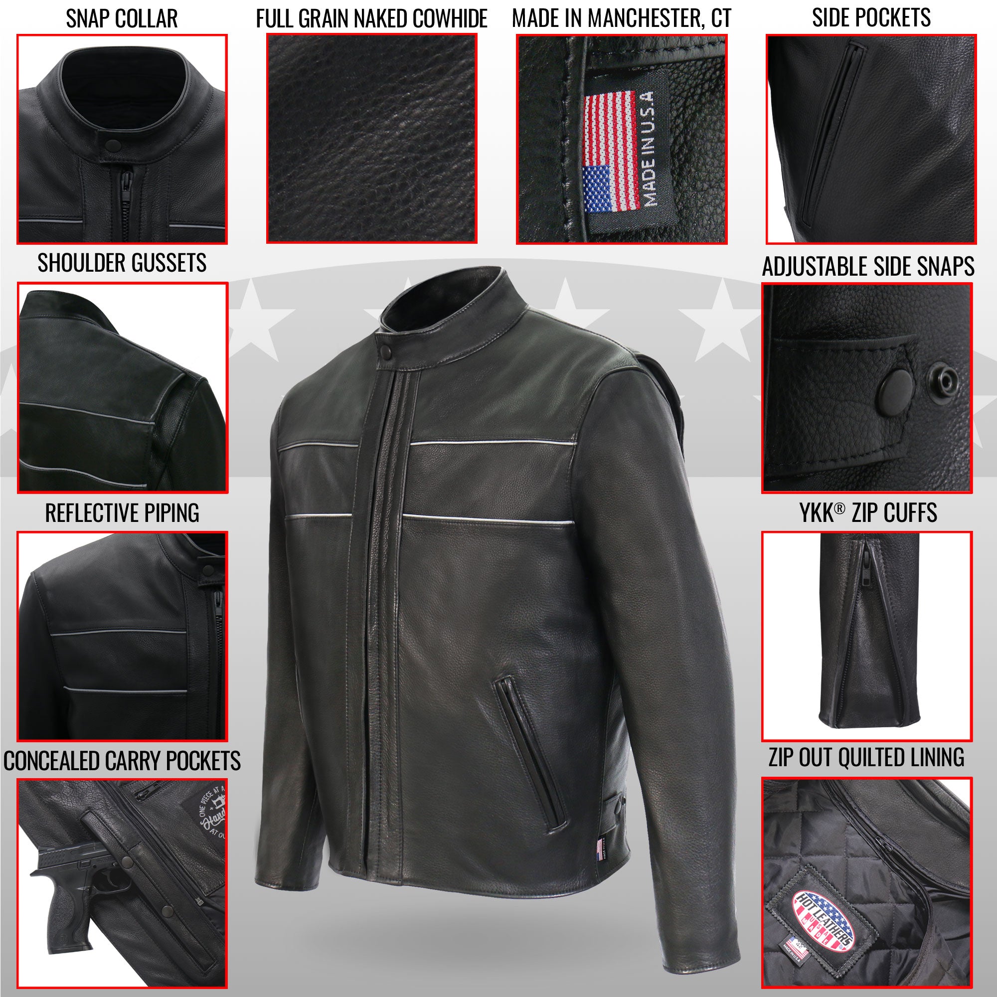Hot Leathers JKM5003 Mens USA Made Premium Black Leather Motorcycle Biker Jacket with Reflective Piping