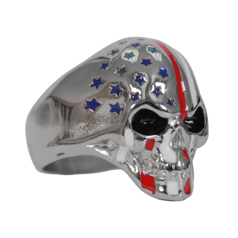 Hot Leathers JWR2131 Men's Silver 'American Flag Skull' Stainless Steel Ring