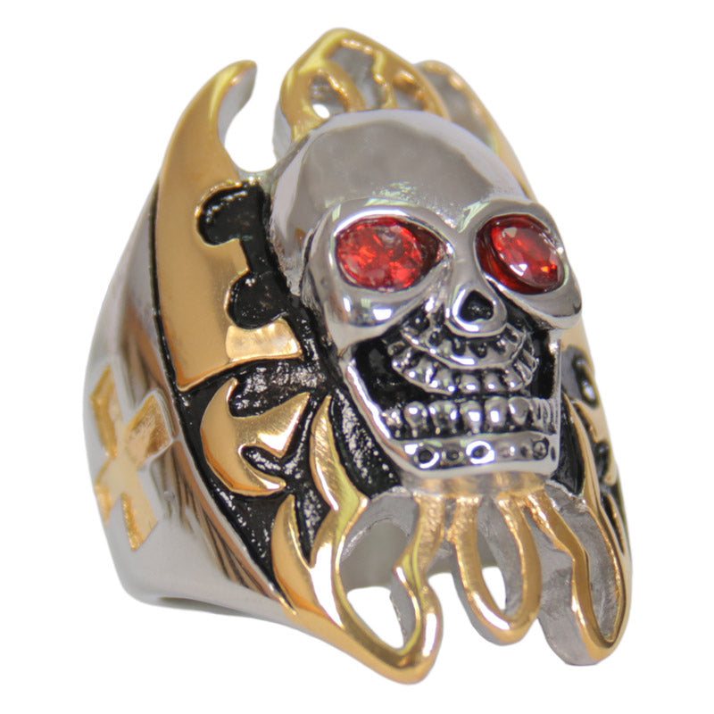 Hot Leathers JWR2220 Men's Silver 'Skull and Gold Tone Flames' Stainless Steel Ring