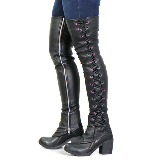 Hot Leathers LCU1004 Ladies Black Lambskin Leather Leggings with Purple Side Lace