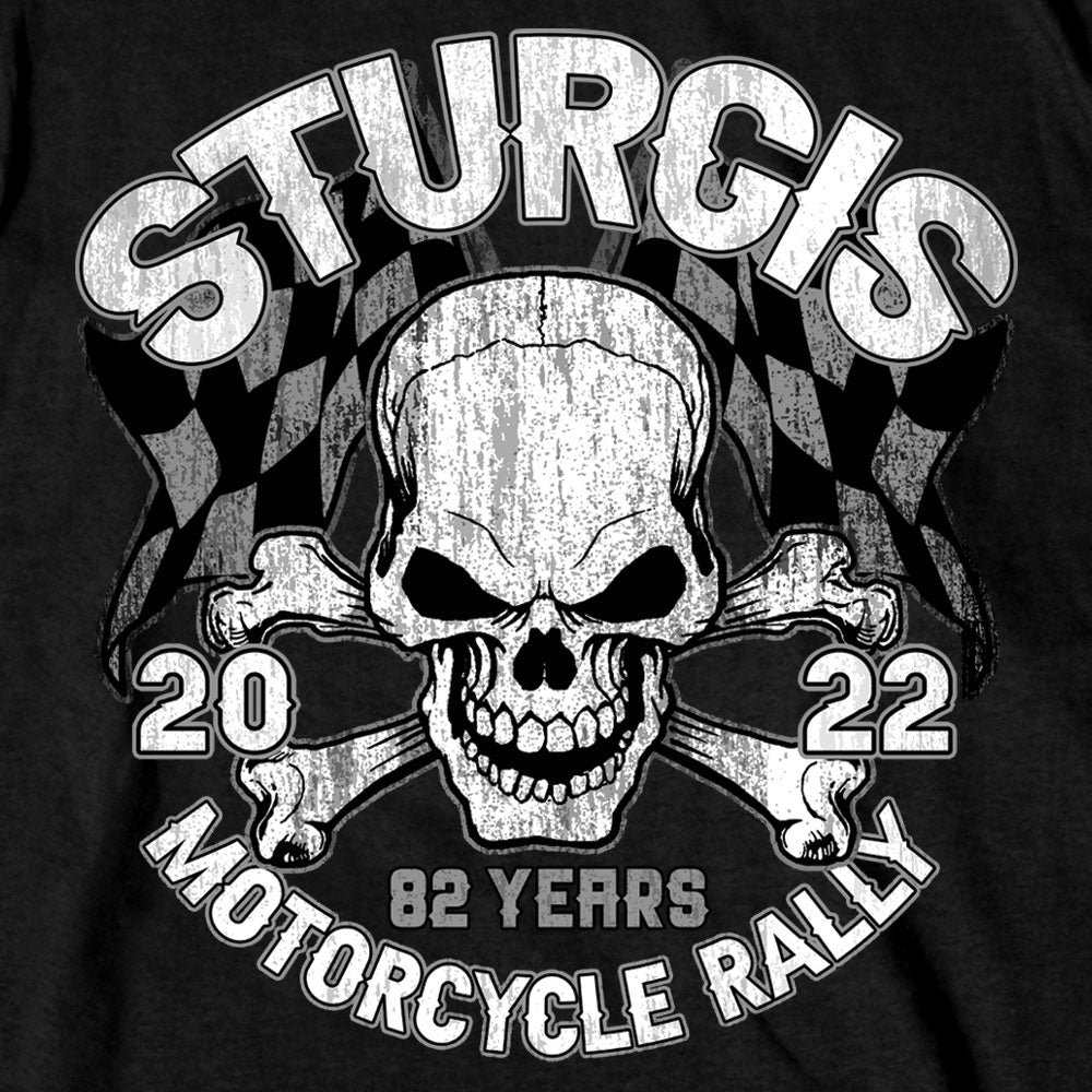 2022 Sturgis Motorcycle Rally SPB1009 Men’s Skull And Checkered Flag Black T Shirt