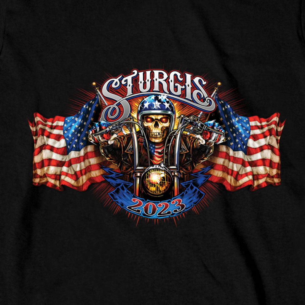2023 Sturgis Motorcycle Rally #1 Design American Skeleton Black Long Sleeve  Shirt