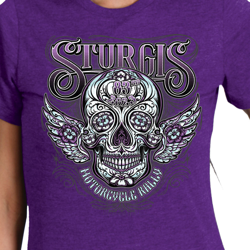 2023 Sturgis Motorcycle Rally Sugar Skull Ladies T-Shirt