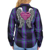 Sturgis Motorcycle Rally 2021 Heart Angel Ladies Purple and Blue Flannel Shirt