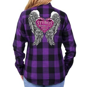 Sturgis Motorcycle Rally 2021 Heart Angel Ladies Purple Flannel Shirt