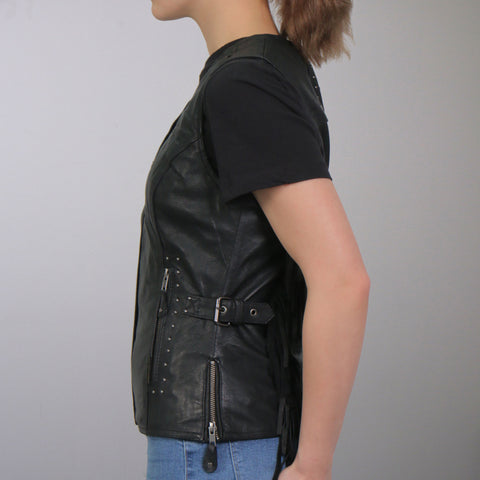 Hot Leathers VSL1014 Ladies Motorcycle style Black Leather Biker Vest with Fringe