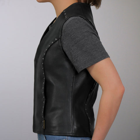 Hot Leathers VSL1015 Ladies Studded Black Motorcycle style Leather Biker Vest with V-Neck Design