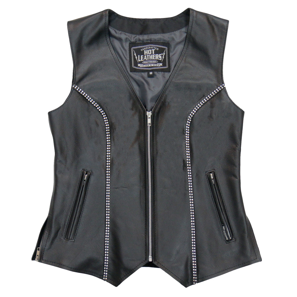 Hot Leathers VSL1016 Ladies Biker 'Rhinestone' Black Leather Motorcycle Vest