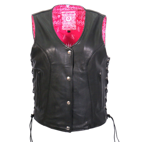 Hot Leathers VSL1018 Ladies 'Pink Paisley' Lined Black Leather Motorcycle Biker Vest