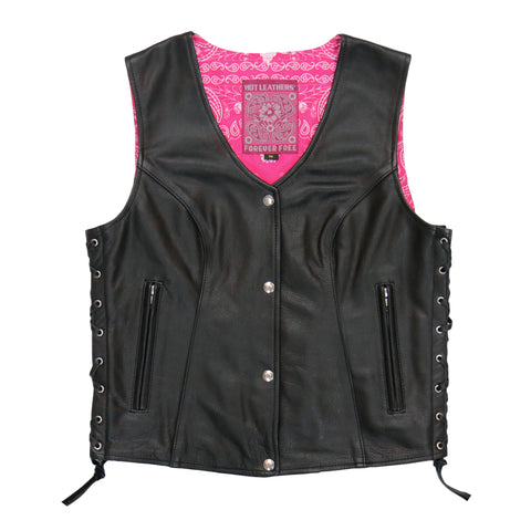 Hot Leathers VSL1018 Ladies Pink Paisley Lined Black Leather Motorcy