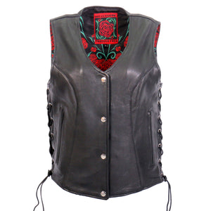 Hot Leathers VSL1019 Ladies BIker 'Red Rose' Lined Black Leather Motorcycle Vest