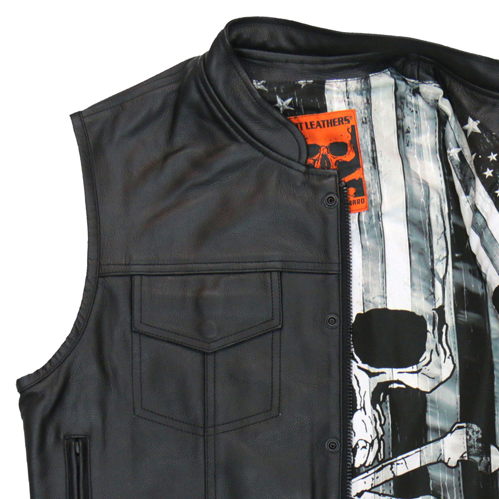 Hot Leathers VSM1054 Mens Black 'Skull Flag' Motorcycle Club style Conceal and Carry Leather Biker Vest