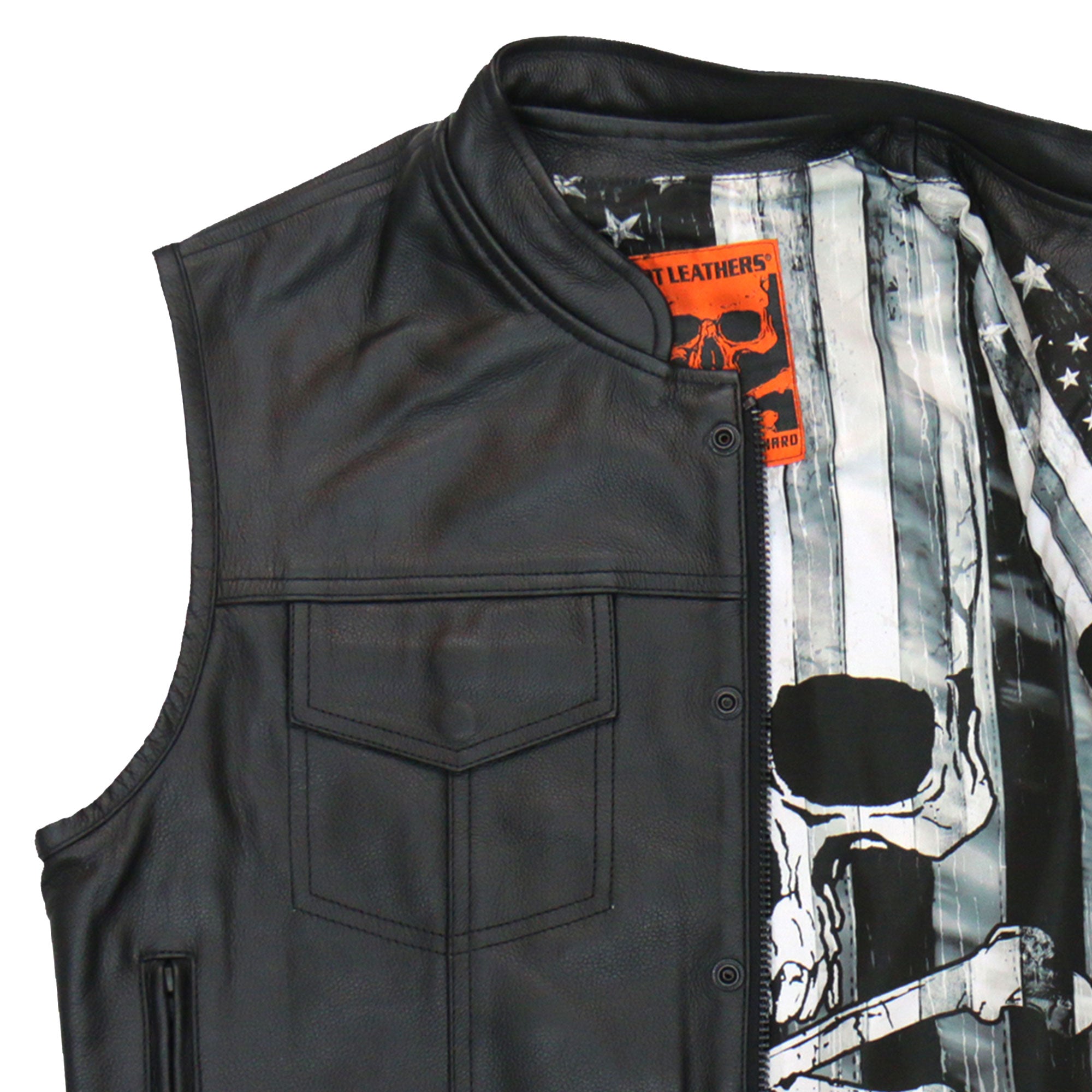 Hot Leathers VSM1054 Mens Black 'Skull Flag' Motorcycle Club style Conceal and Carry Leather Biker Vest