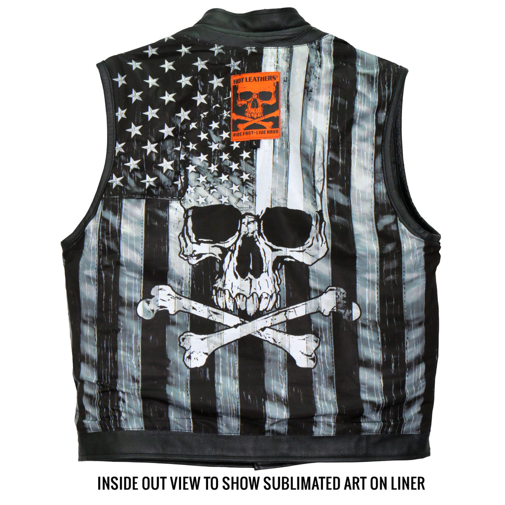 Hot Leathers VSM1054 Mens Black 'Skull Flag' Motorcycle Club style Conceal and Carry Leather Biker Vest