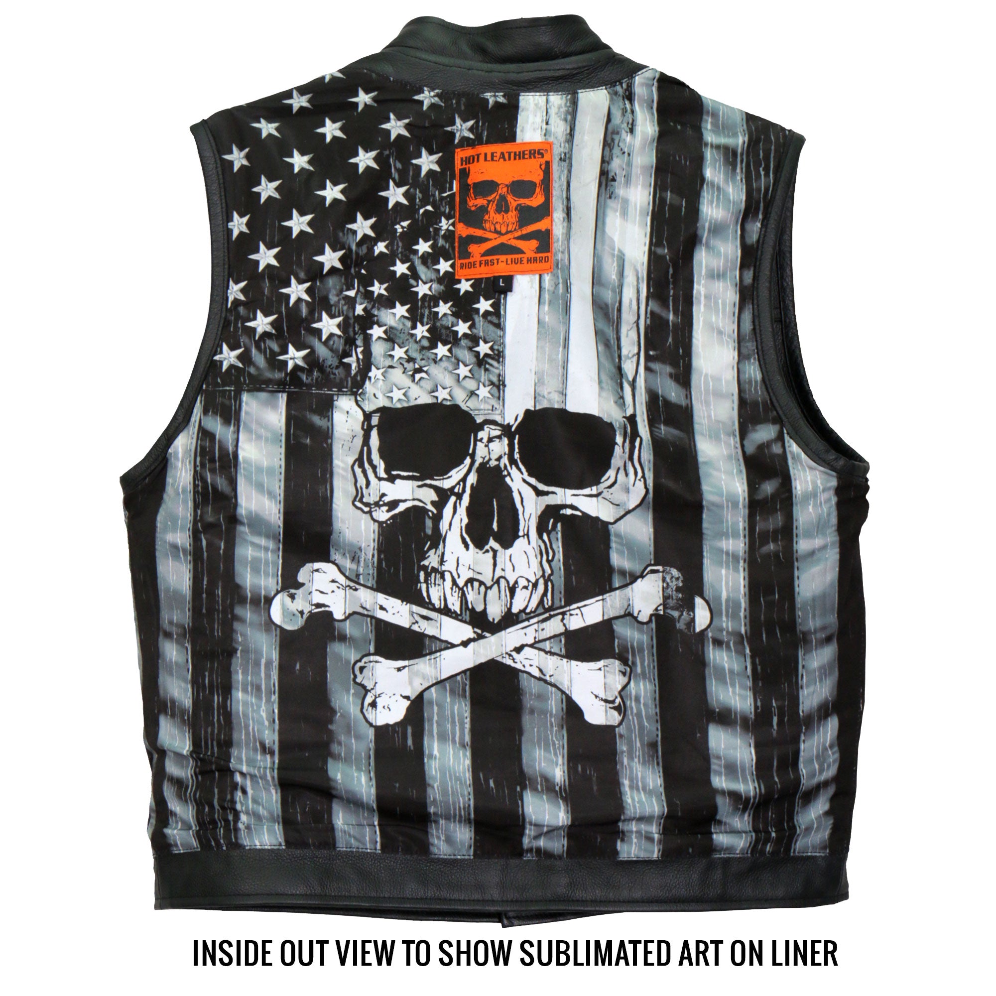 Hot Leathers VSM1054 Mens Black 'Skull Flag' Motorcycle Club style Conceal and Carry Leather Biker Vest
