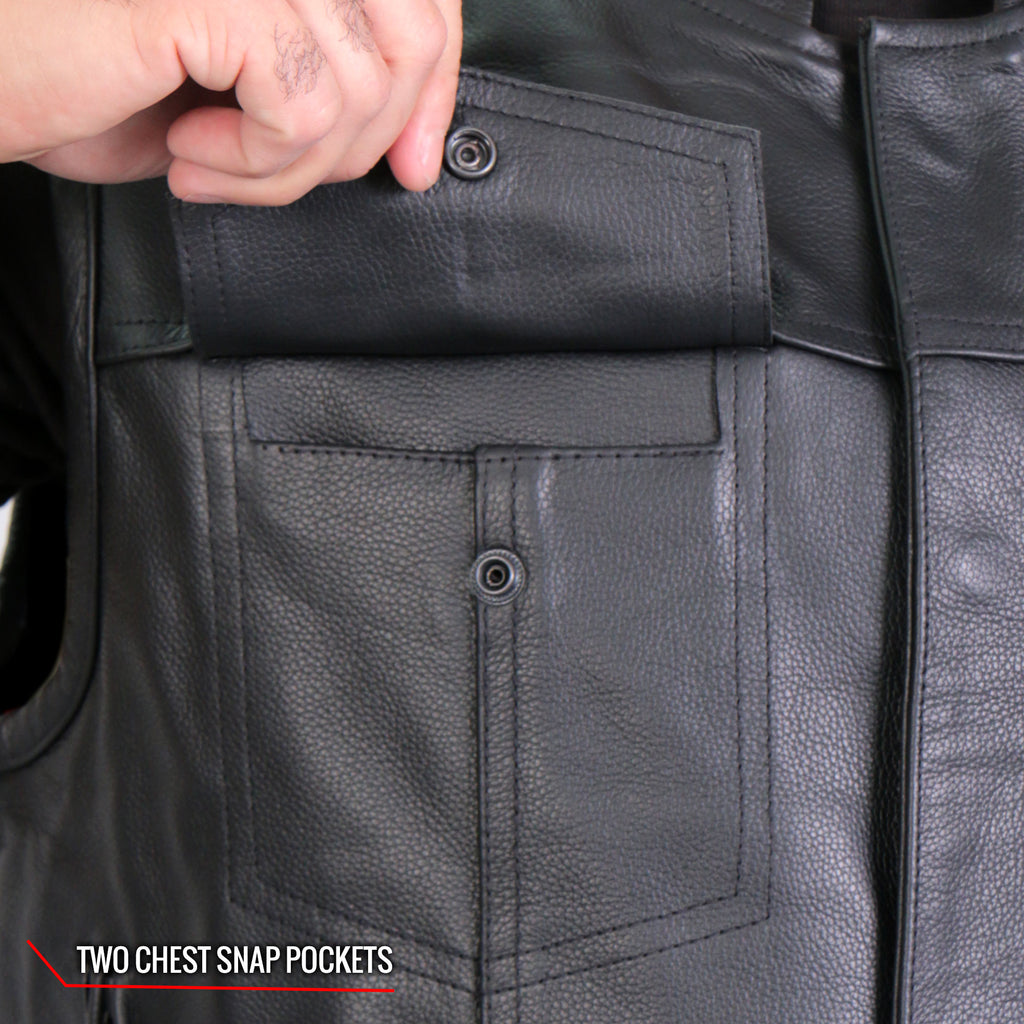 Hot Leathers VSM1054 Mens Black 'Skull Flag' Motorcycle Club style Conceal and Carry Leather Biker Vest
