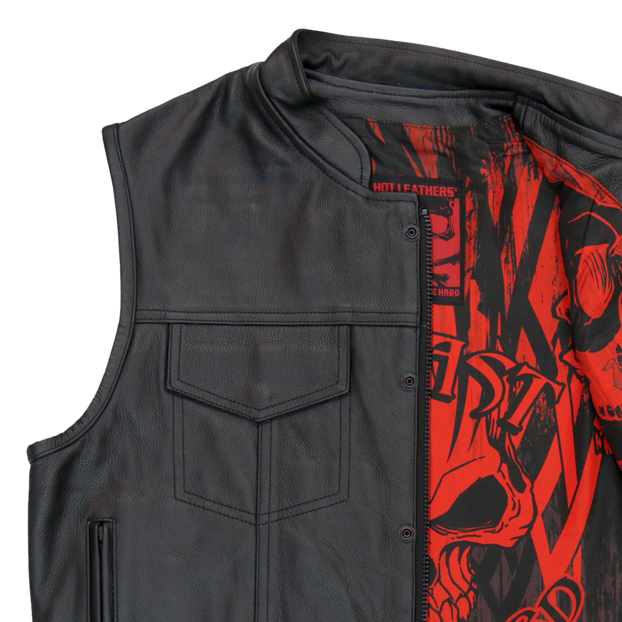 Hot Leathers VSM1055 Mens Black 'Over The Top Skull' Motorcycle Club Style Conceal and Carry Leather Biker Vest