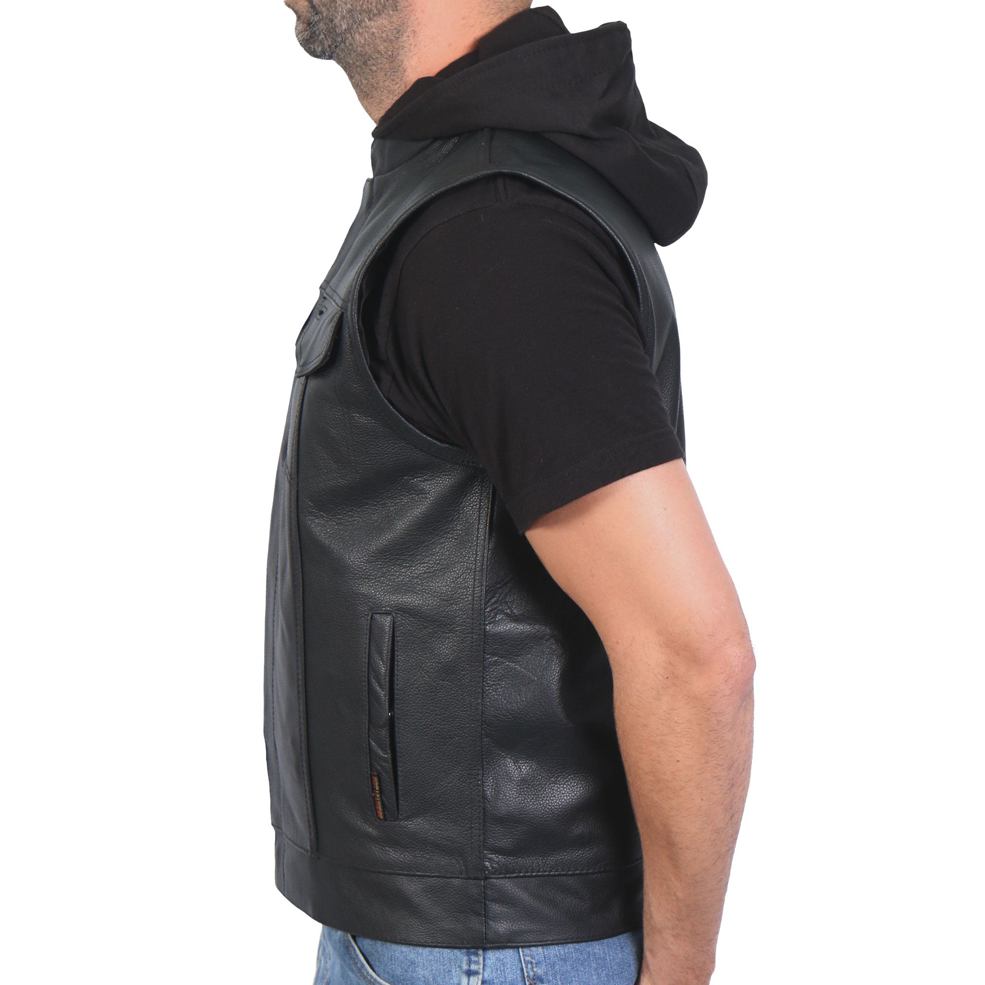 Hot Leathers Leather Motorcycle Biker Club Vest with Hood