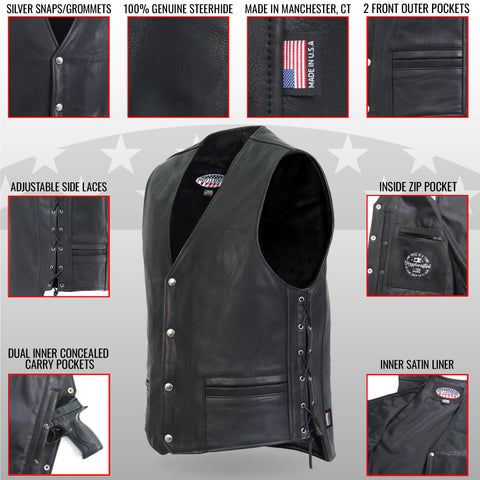 Hot Leathers VSM5003 Men's USA Made Extra Long Back Premium Steerhide motorcycle biker Leather Vest
