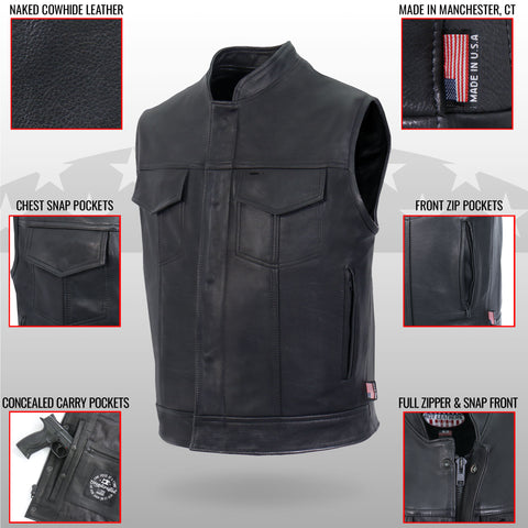 Hot Leathers VSM5004 Men's USA Made Covered Zipper Premium Club Biker Leather Motorcycle Vest
