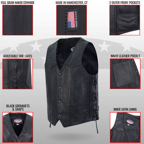 Hot Leathers VSM5008 Men's USA Made Side Lace Premium Leather Motorcycle Biker Vest