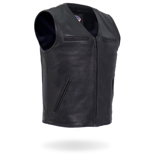 Hot Leathers Premium USA Made Leather V Neck Club Style Zipper Front Motorcycle Biker Vest