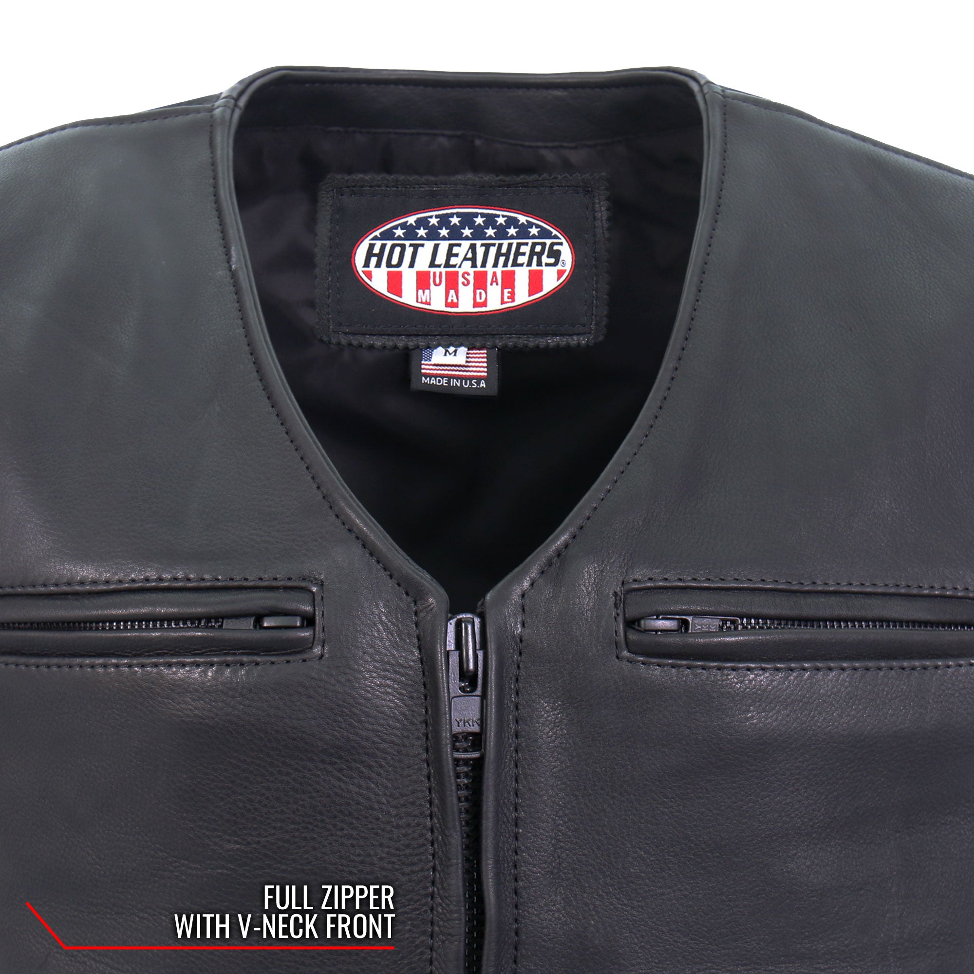 Hot Leathers Premium USA Made Leather V Neck Club Style Zipper Front Motorcycle Biker Vest