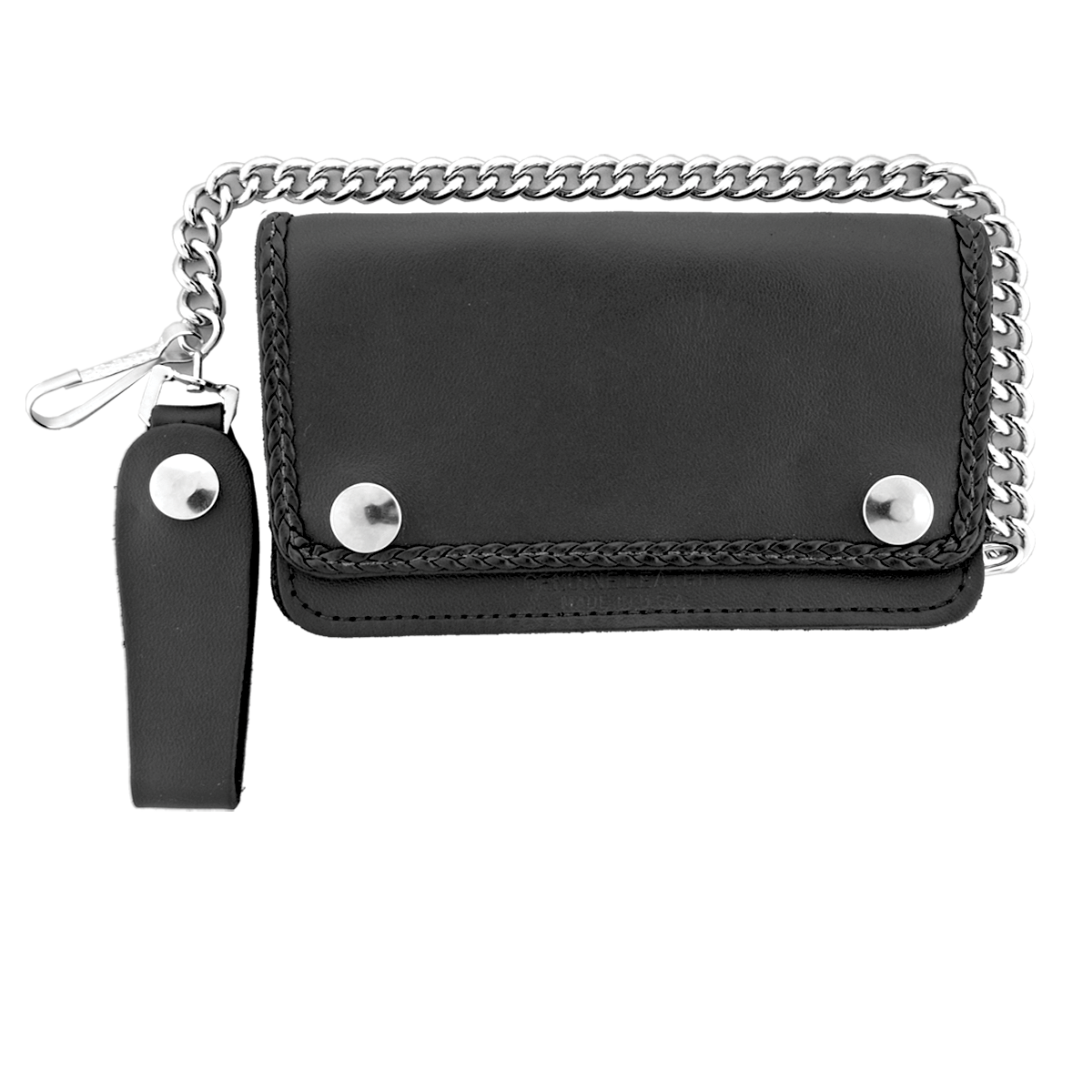 Hot Leathers WLC1002 5 Pocket Bi-fold Braided Detail Black Leather Wallet with Chain