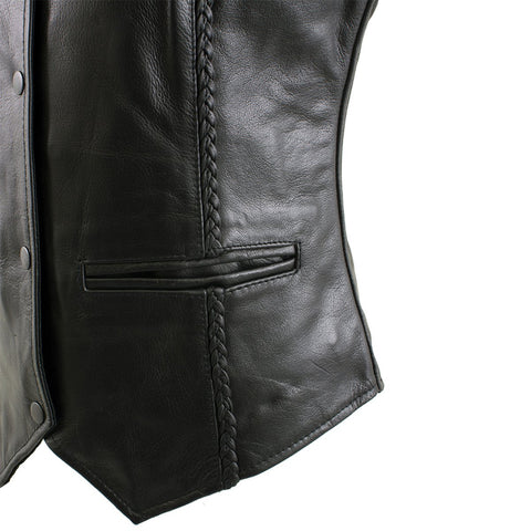 Xelement B206 'Road Queen' Women's Black Leather Braided Vest