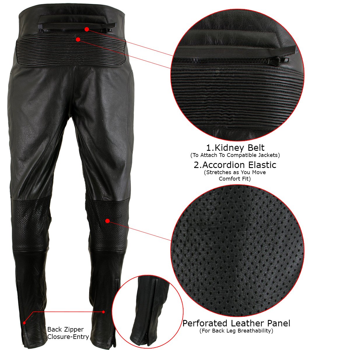 Xelement B7466 Men's 'The Racer' Black Cowhide Leather Racing Pants with X-Armor Protection