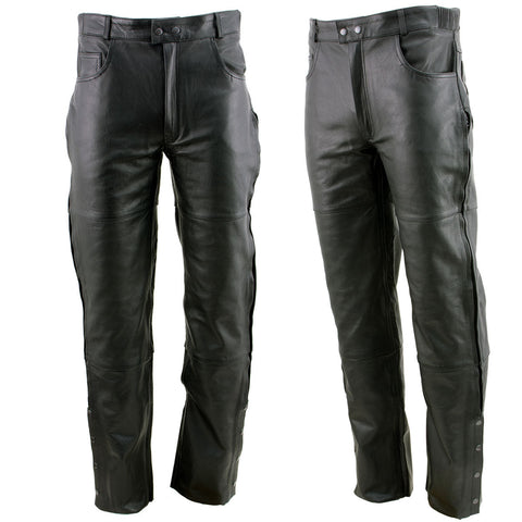 Xelement B7470 Men's Black Premium Leather Motorcycle Over Pants with Side Zipper and Snaps